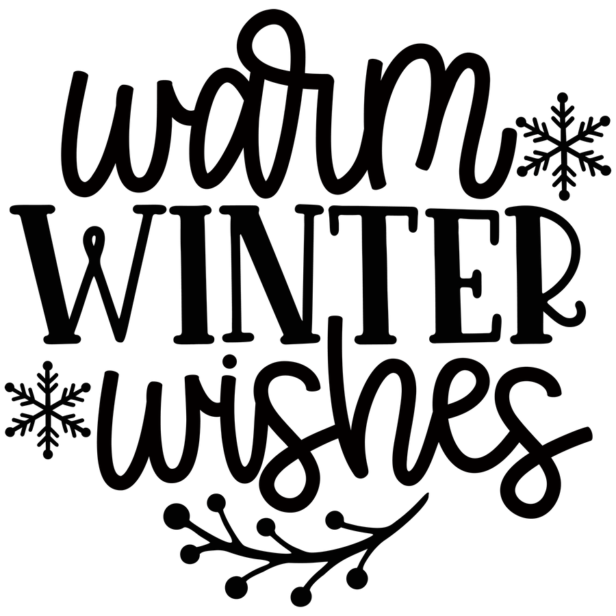 A black and white graphic for laser engraving: text reading "Warm Winter Wishesl" with snowflakes to the sides and a holy branch underneath.