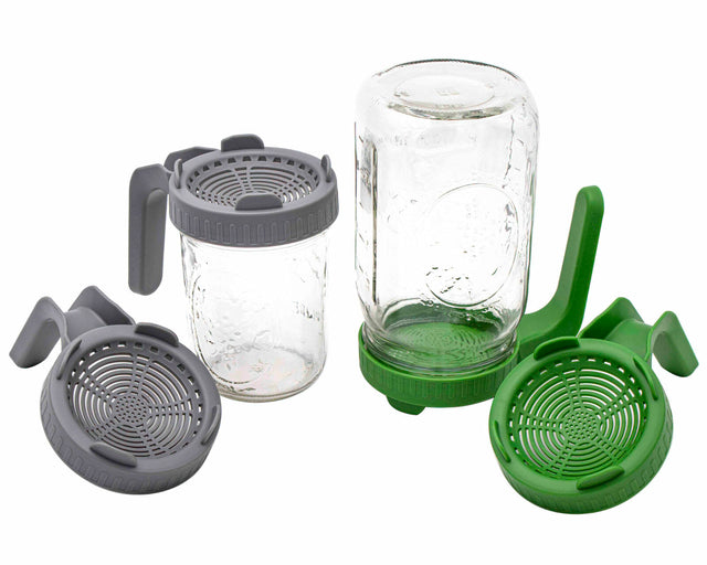 Gray and green wide mouth plastic sprouting lids with handle on 16oz pint and 32oz quart