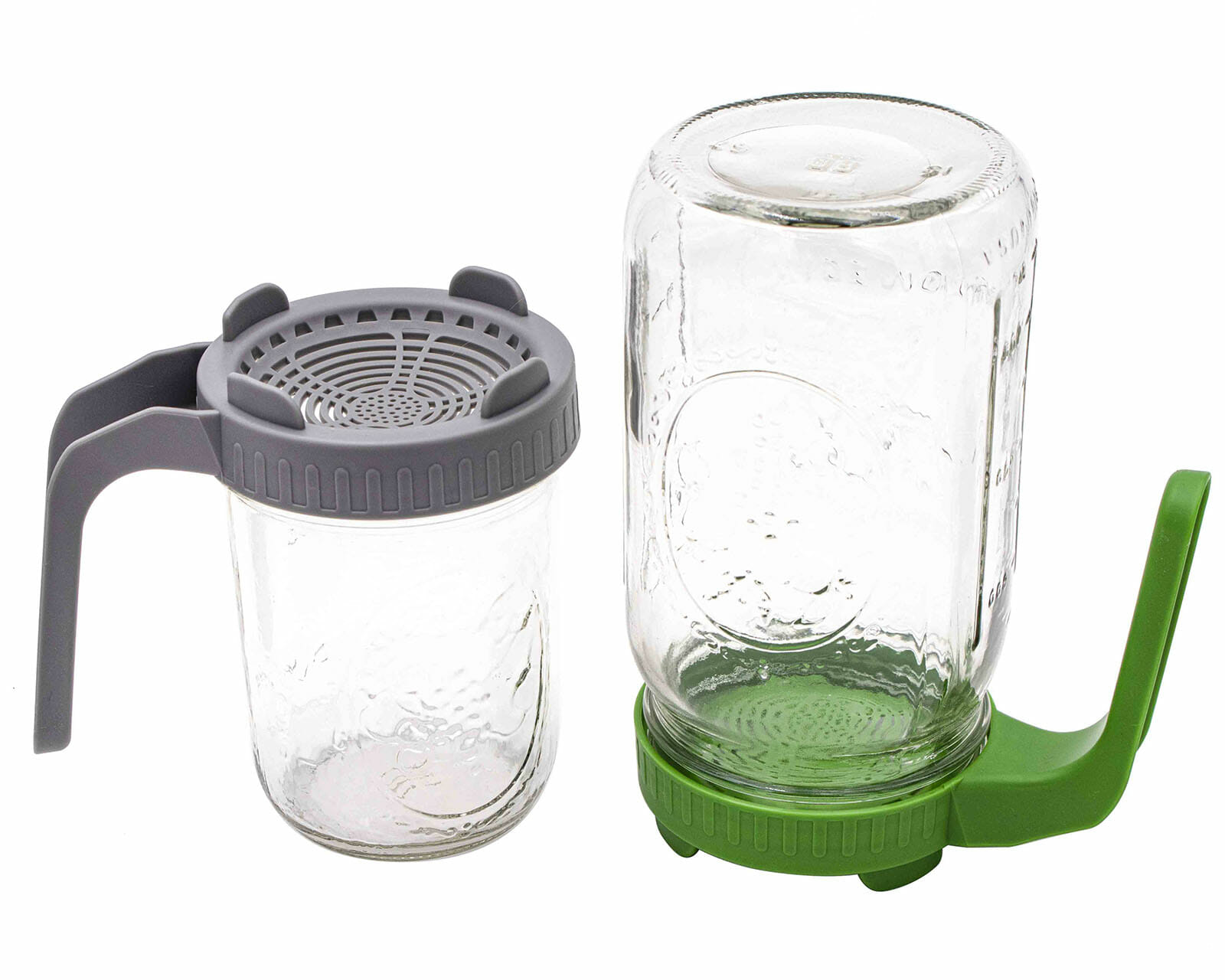 gray and green wide mouth plastic sprouting lids with handle on 16oz pint and 32oz quart