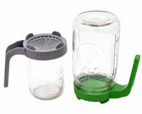 gray and green wide mouth plastic sprouting lids with handle on 16oz pint and 32oz quart