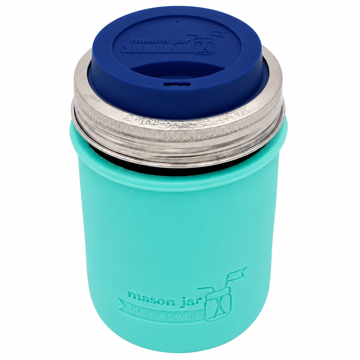 16oz Ball wide mouth mason jar travel mug with Aquamarine silicone sleeve and Deep Blue drinking lid