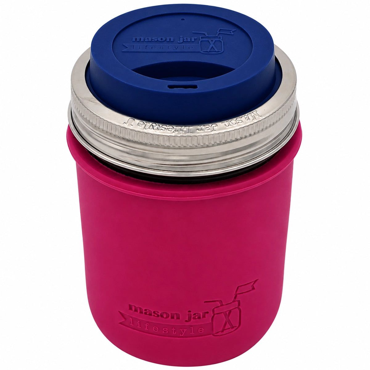 16oz Ball wide mouth mason jar travel mug with Berry Pink silicone sleeve and Deep Blue drinking lid