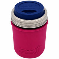 16oz Ball wide mouth mason jar travel mug with Berry Pink silicone sleeve and Deep Blue drinking lid
