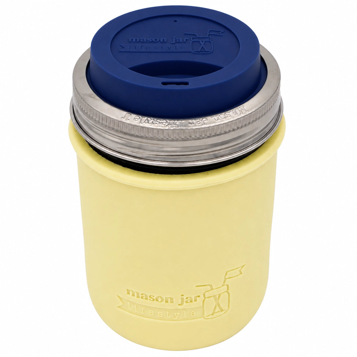 16oz Ball wide mouth mason jar travel mug with Butter Yellow silicone sleeve and Deep Blue drinking lid