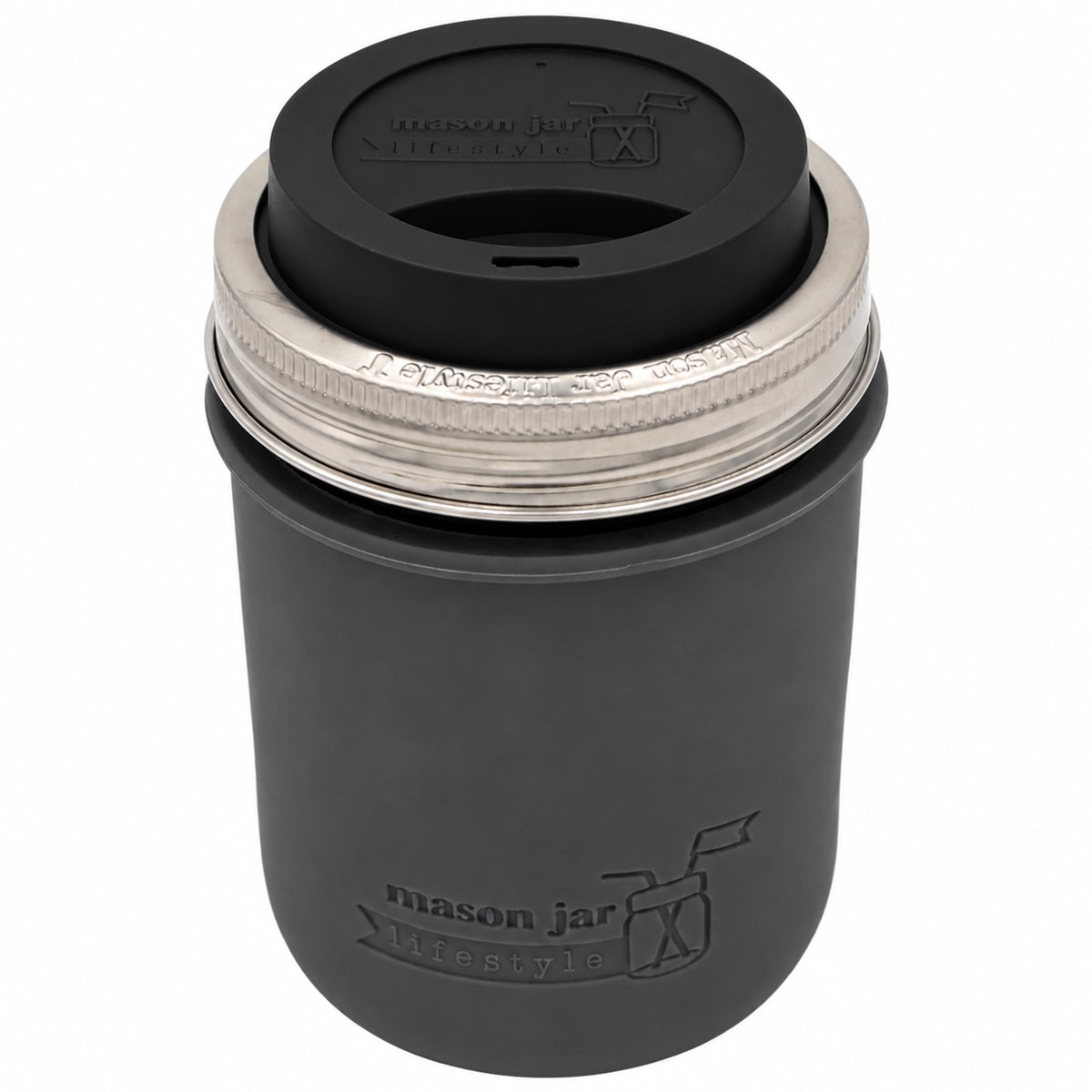 16oz Ball wide mouth mason jar travel mug with Charcoal Gray silicone sleeve and Black drinking lid
