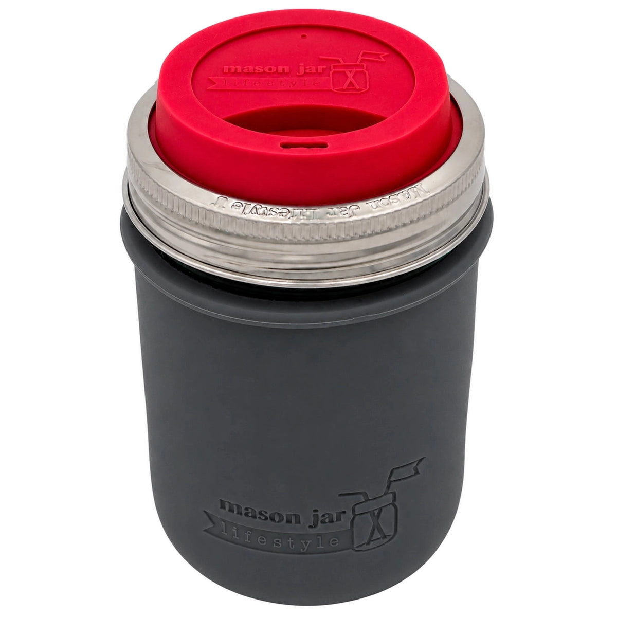 16oz Ball wide mouth mason jar travel mug with Charcoal Gray silicone sleeve and Cherry Red drinking lid