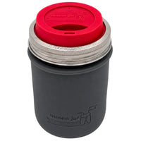 16oz Ball wide mouth mason jar travel mug with Charcoal Gray silicone sleeve and Cherry Red drinking lid