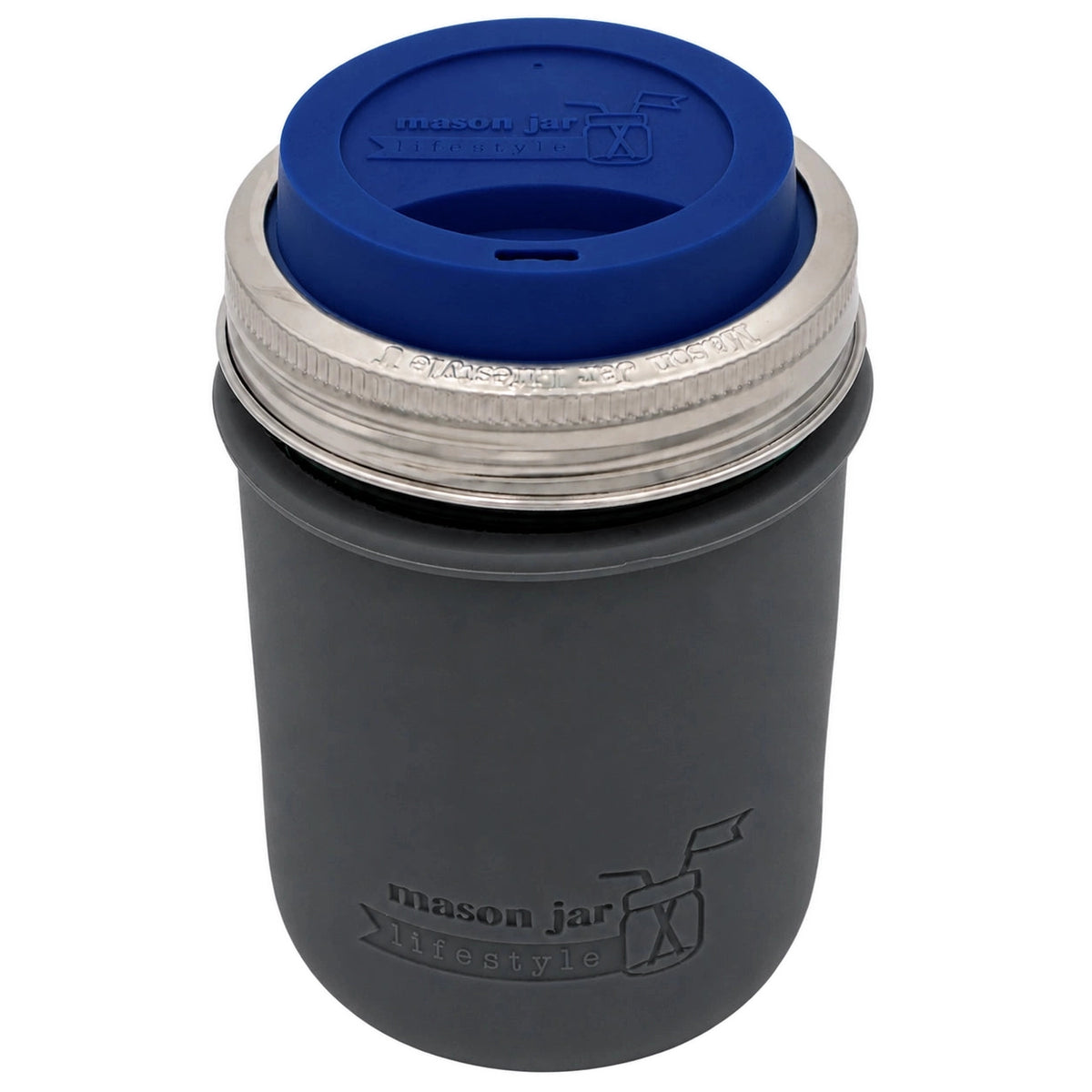 16oz Ball wide mouth mason jar travel mug with Charcoal Gray silicone sleeve and Deep Blue drinking lid
