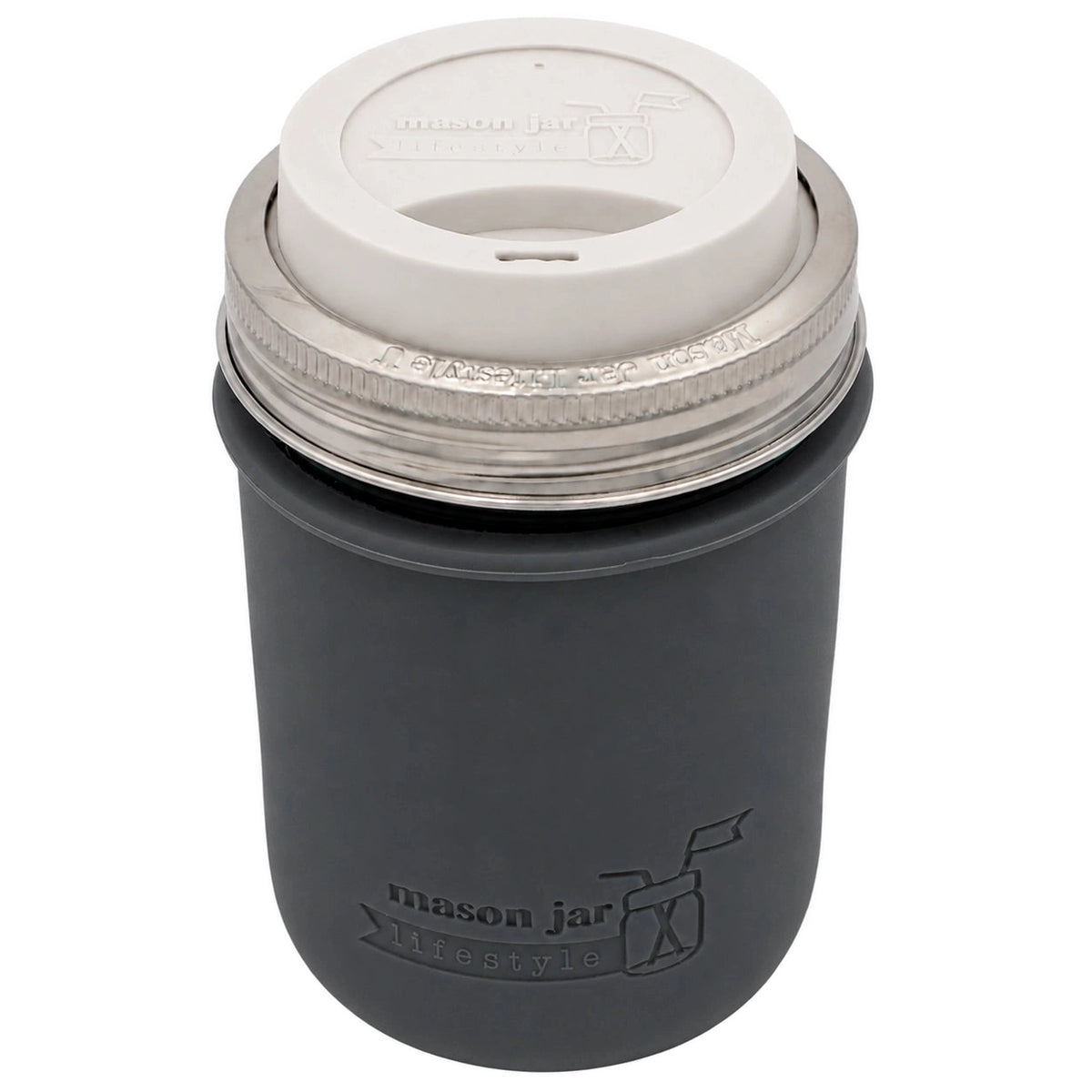 16oz Ball wide mouth mason jar travel mug with Charcoal Gray silicone sleeve and Greige drinking lid