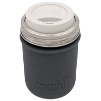 16oz Ball wide mouth mason jar travel mug with Charcoal Gray silicone sleeve and Greige drinking lid