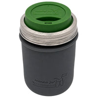 16oz Ball wide mouth mason jar travel mug with Charcoal Gray silicone sleeve and Leaf Green drinking lid