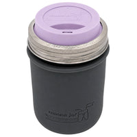 16oz Ball wide mouth mason jar travel mug with Charcoal Gray silicone sleeve and Light Orchid drinking lid