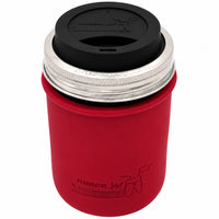 16oz Ball wide mouth mason jar travel mug with Cherry Red silicone sleeve and Black drinking lid