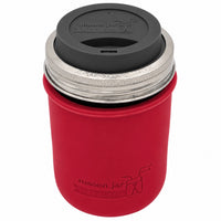 16oz Ball wide mouth mason jar travel mug with Cherry Red silicone sleeve and Charcoal Gray drinking lid