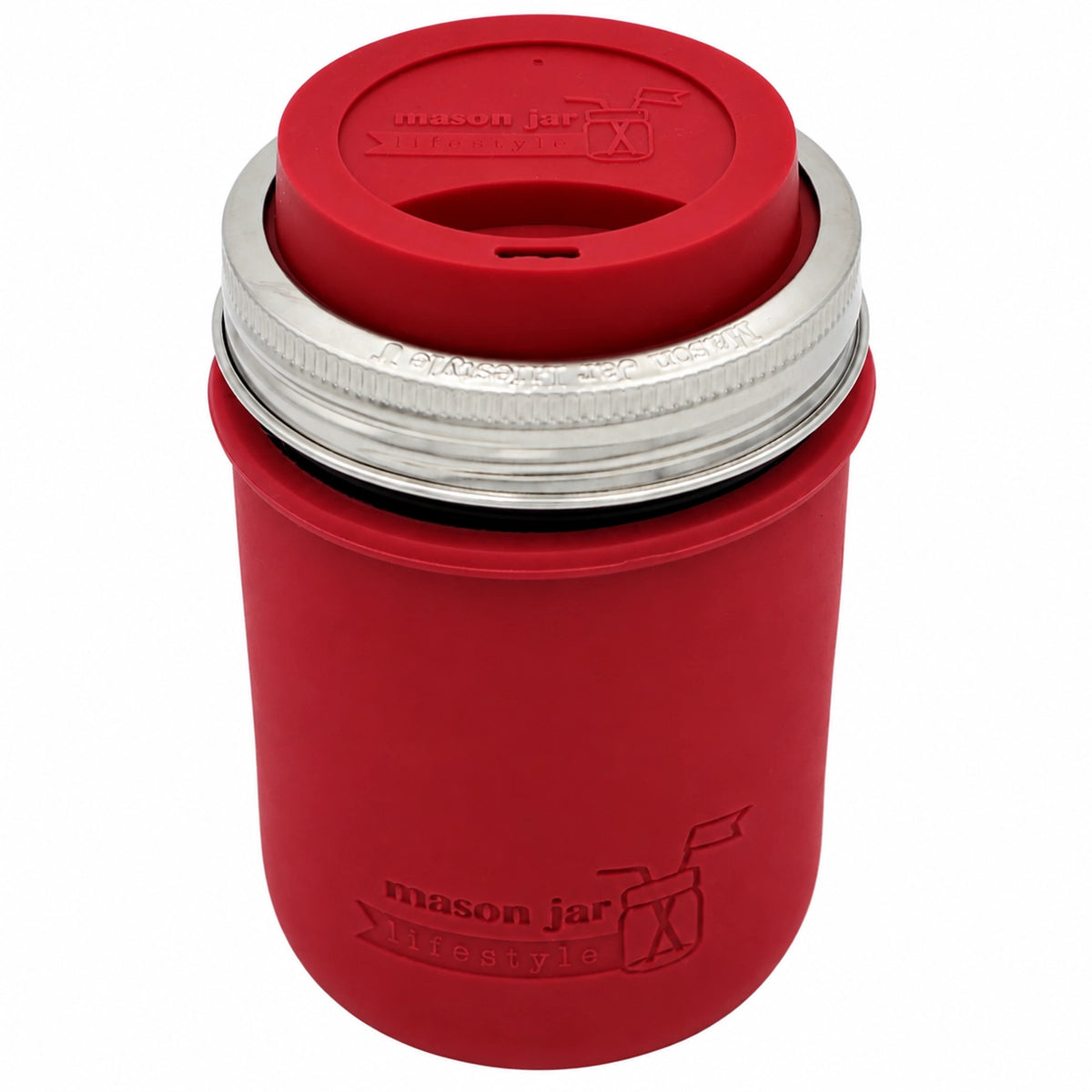 16oz Ball wide mouth mason jar travel mug with Cherry Red silicone sleeve and Cherry Red drinking lid