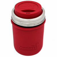 16oz Ball wide mouth mason jar travel mug with Cherry Red silicone sleeve and Cherry Red drinking lid