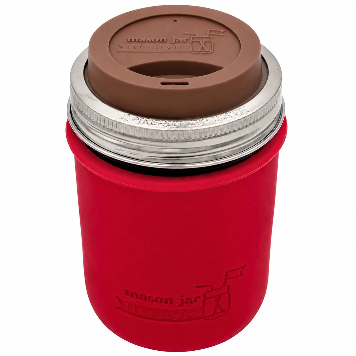 16oz Ball wide mouth mason jar travel mug with Cherry Red silicone sleeve and Cocoa Brown drinking lid