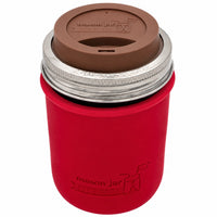 16oz Ball wide mouth mason jar travel mug with Cherry Red silicone sleeve and Cocoa Brown drinking lid