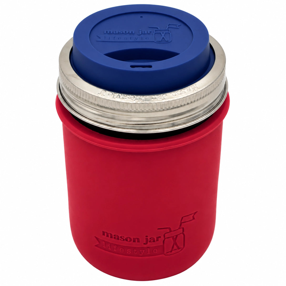 16oz Ball wide mouth mason jar travel mug with Cherry Red silicone sleeve and Deep Blue drinking lid