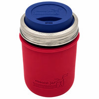 16oz Ball wide mouth mason jar travel mug with Cherry Red silicone sleeve and Deep Blue drinking lid