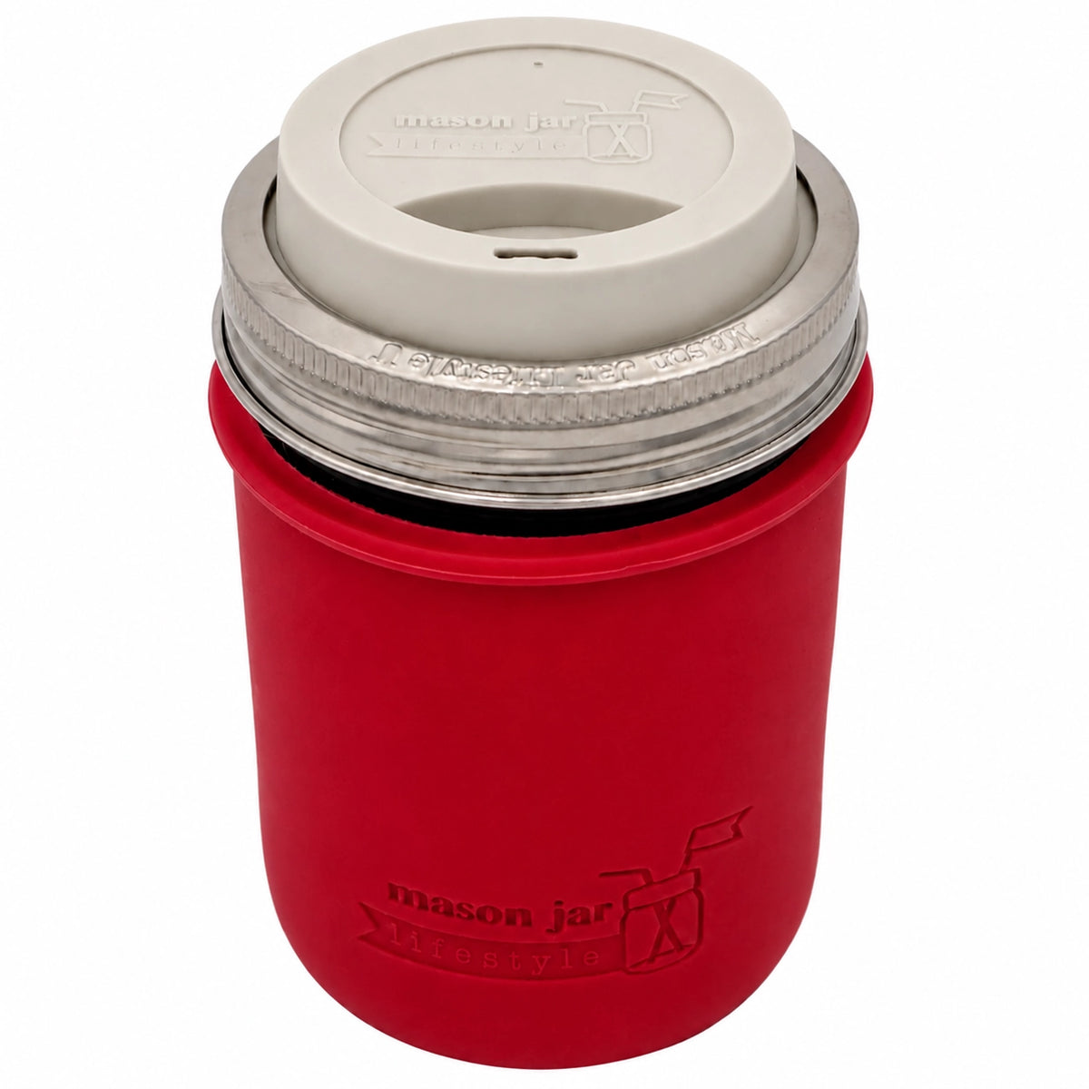 16oz Ball wide mouth mason jar travel mug with Cherry Red silicone sleeve and Greige drinking lid
