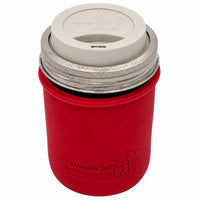 16oz Ball wide mouth mason jar travel mug with Cherry Red silicone sleeve and Greige drinking lid