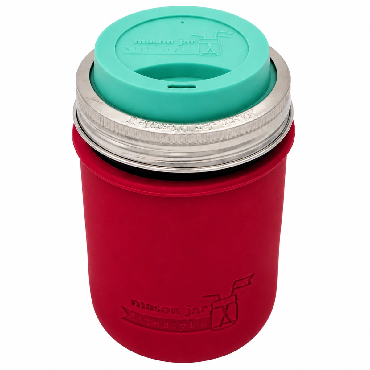 16oz Ball wide mouth mason jar travel mug with Cherry Red silicone sleeve and Leaf Green drinking lid