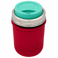 16oz Ball wide mouth mason jar travel mug with Cherry Red silicone sleeve and Leaf Green drinking lid
