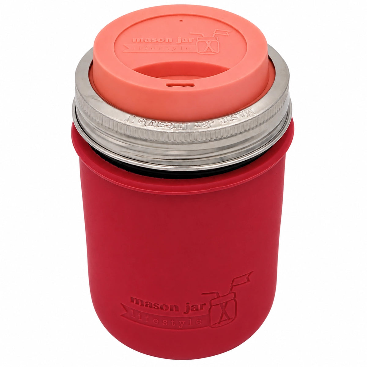 16oz Ball wide mouth mason jar travel mug with Cherry Red silicone sleeve and Light Coral drinking lid