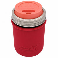 16oz Ball wide mouth mason jar travel mug with Cherry Red silicone sleeve and Light Coral drinking lid