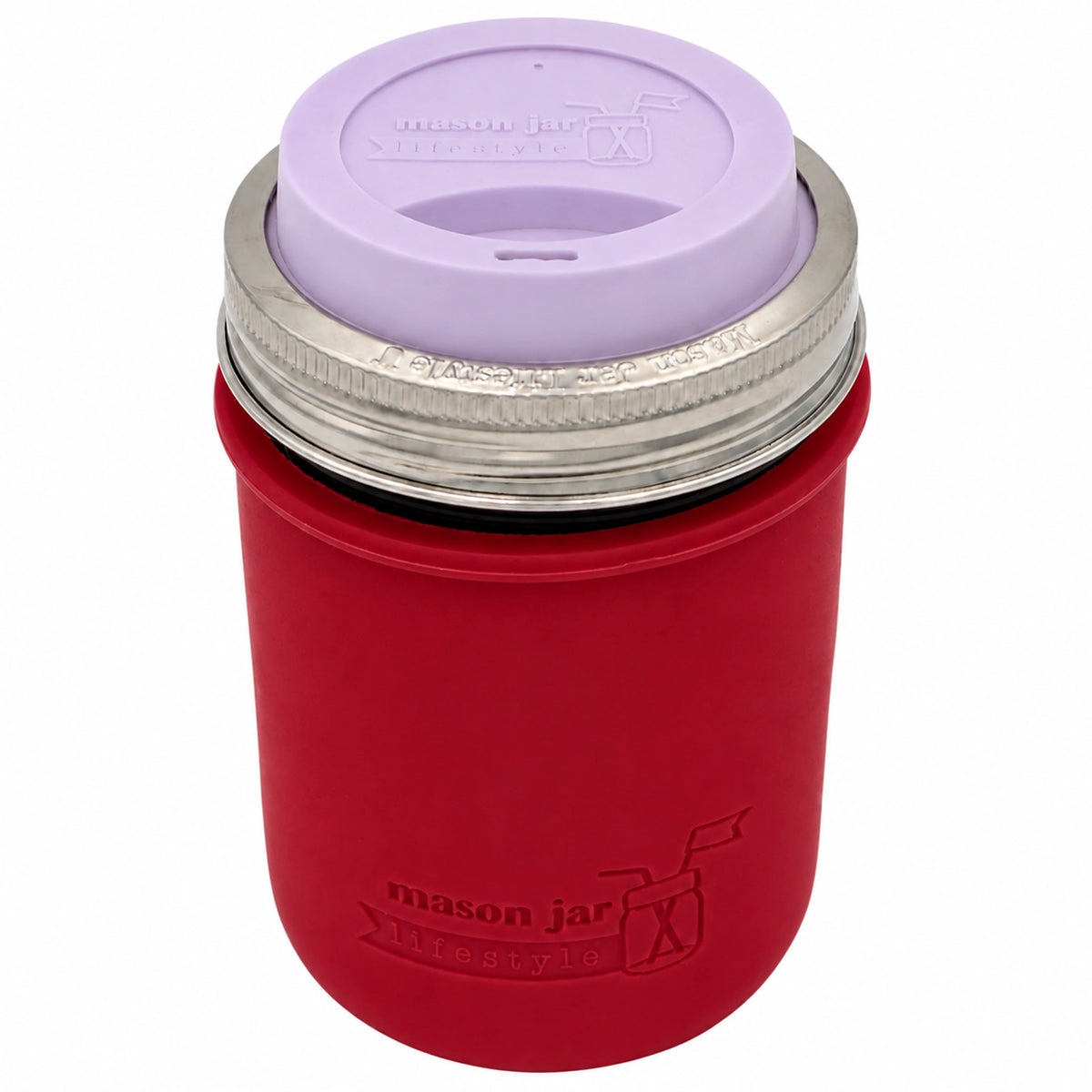 16oz Ball wide mouth mason jar travel mug with Cherry Red silicone sleeve and Light Orchid drinking lid