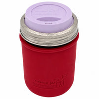 16oz Ball wide mouth mason jar travel mug with Cherry Red silicone sleeve and Light Orchid drinking lid
