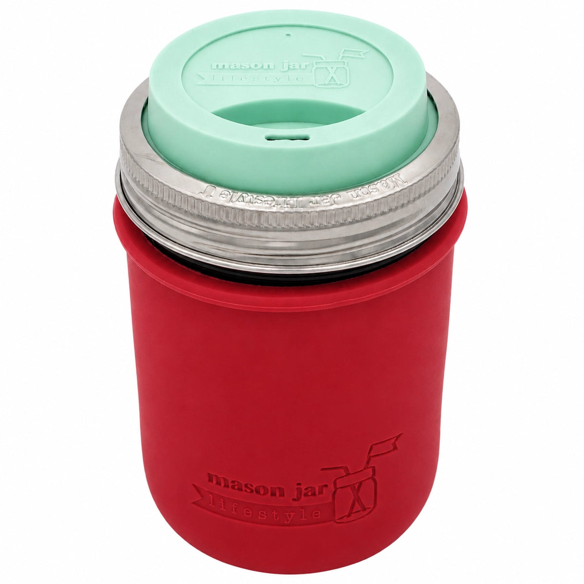 16oz Ball wide mouth mason jar travel mug with Cherry Red silicone sleeve and Mint Green drinking lid