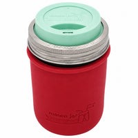 16oz Ball wide mouth mason jar travel mug with Cherry Red silicone sleeve and Mint Green drinking lid