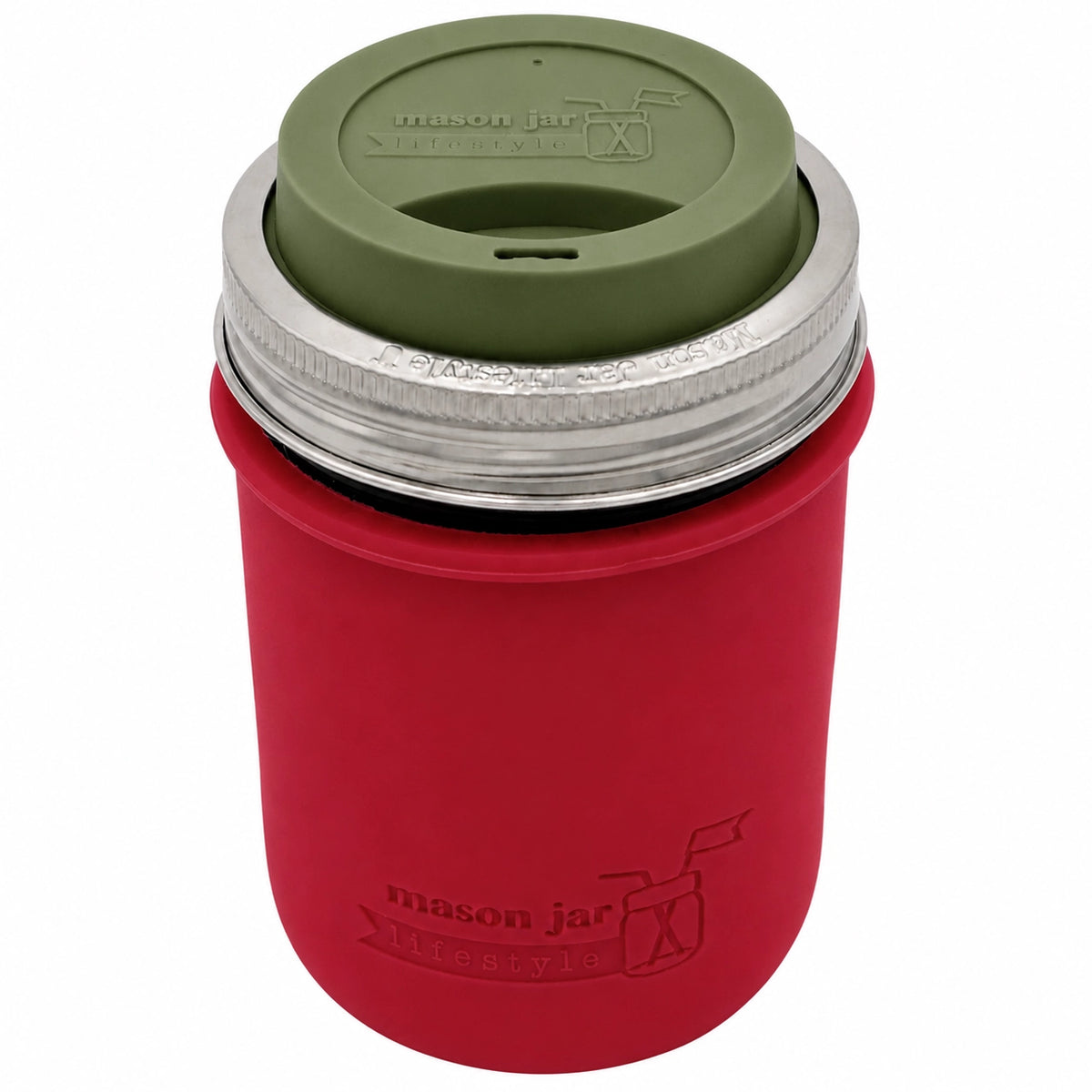 16oz Ball wide mouth mason jar travel mug with Cherry Red silicone sleeve and Olive Green drinking lid