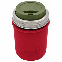 16oz Ball wide mouth mason jar travel mug with Cherry Red silicone sleeve and Olive Green drinking lid