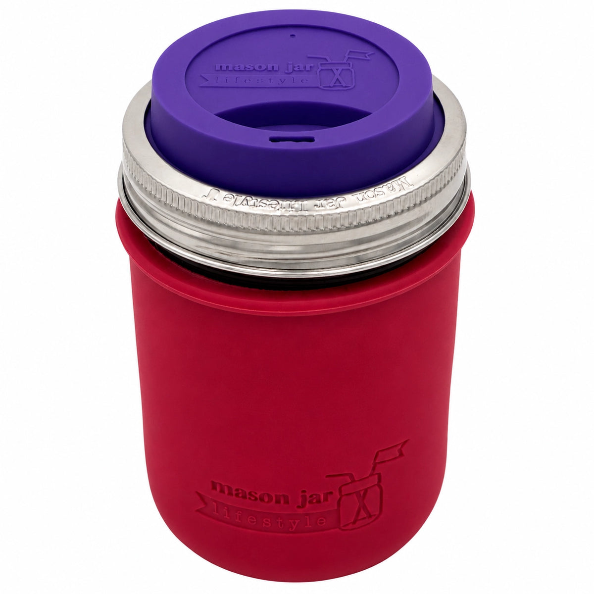 16oz Ball wide mouth mason jar travel mug with Cherry Red silicone sleeve and Ultra Violet drinking lid