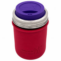16oz Ball wide mouth mason jar travel mug with Cherry Red silicone sleeve and Ultra Violet drinking lid