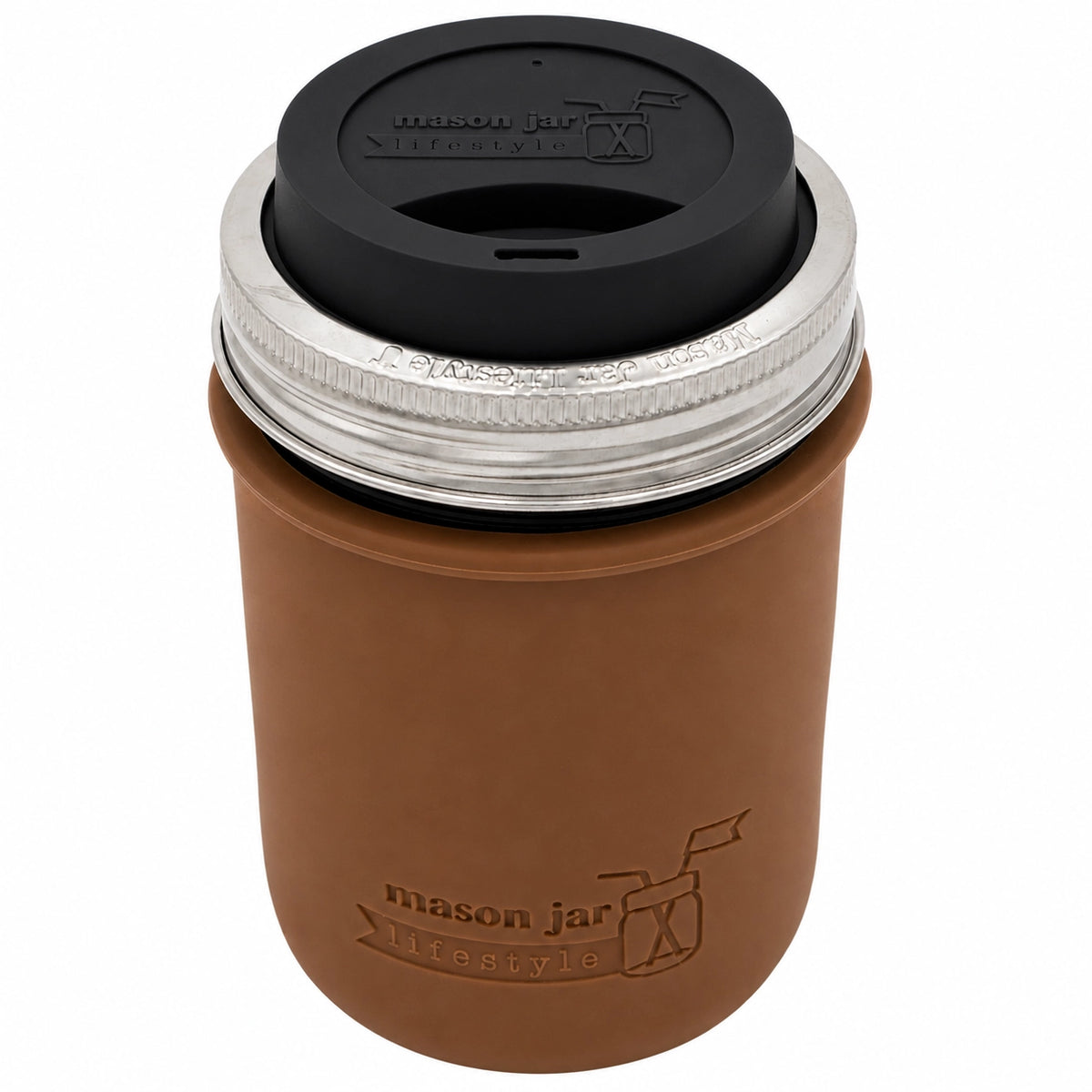 16oz Ball wide mouth mason jar travel mug with Cocoa Brown silicone sleeve and Black drinking lid