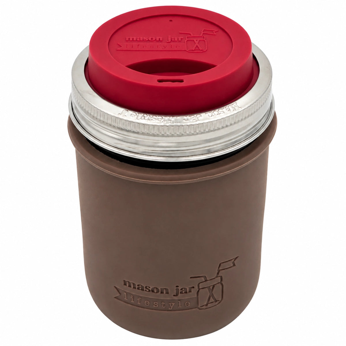 16oz Ball wide mouth mason jar travel mug with Cocoa Brown silicone sleeve and Cherry Red drinking lid