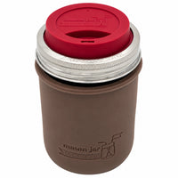 16oz Ball wide mouth mason jar travel mug with Cocoa Brown silicone sleeve and Cherry Red drinking lid