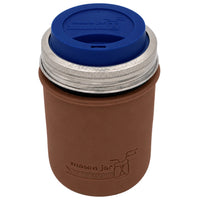 16oz Ball wide mouth mason jar travel mug with Cocoa Brown silicone sleeve and Deep Blue drinking lid