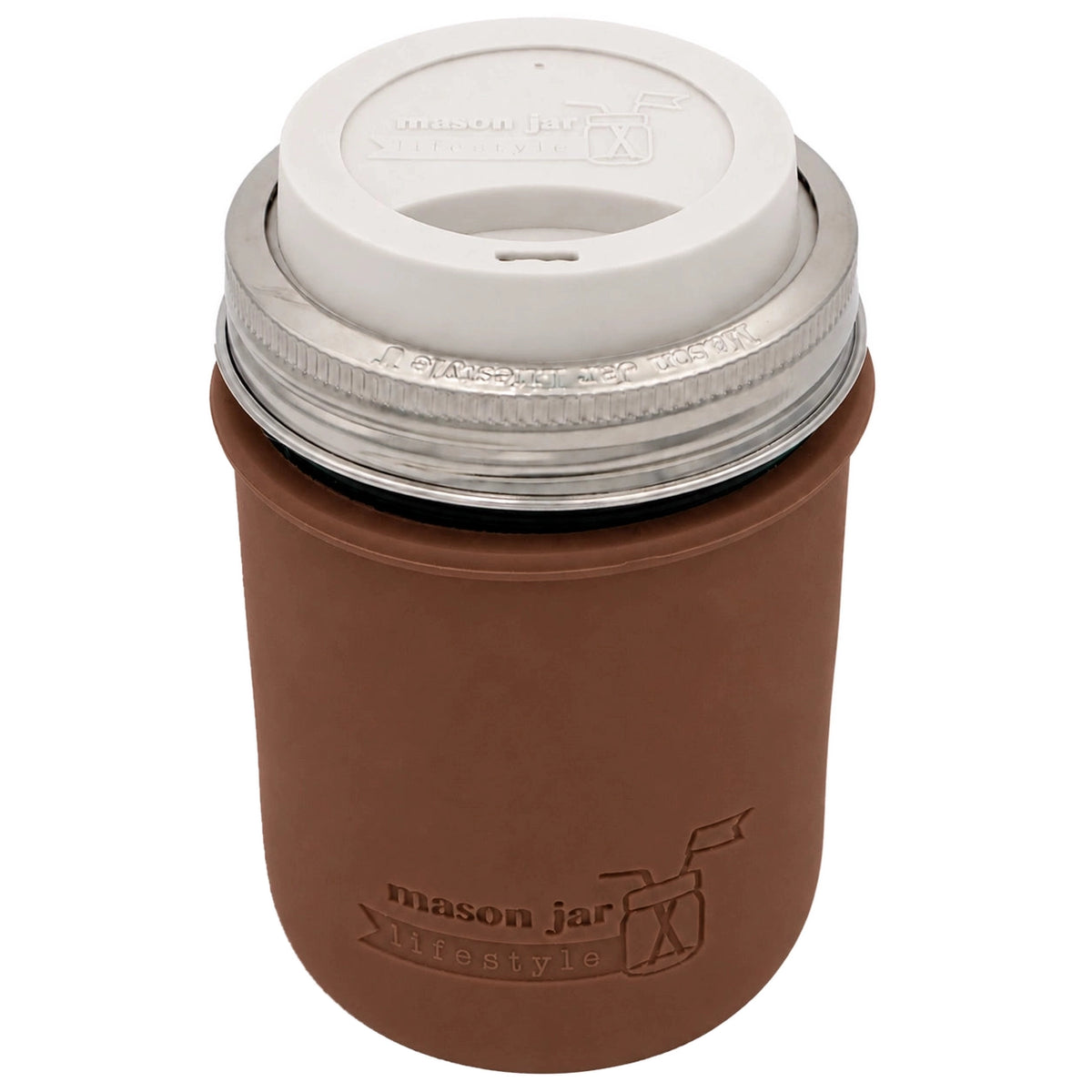 16oz Ball wide mouth mason jar travel mug with Cocoa Brown silicone sleeve and Greige drinking lid