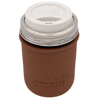 16oz Ball wide mouth mason jar travel mug with Cocoa Brown silicone sleeve and Greige drinking lid
