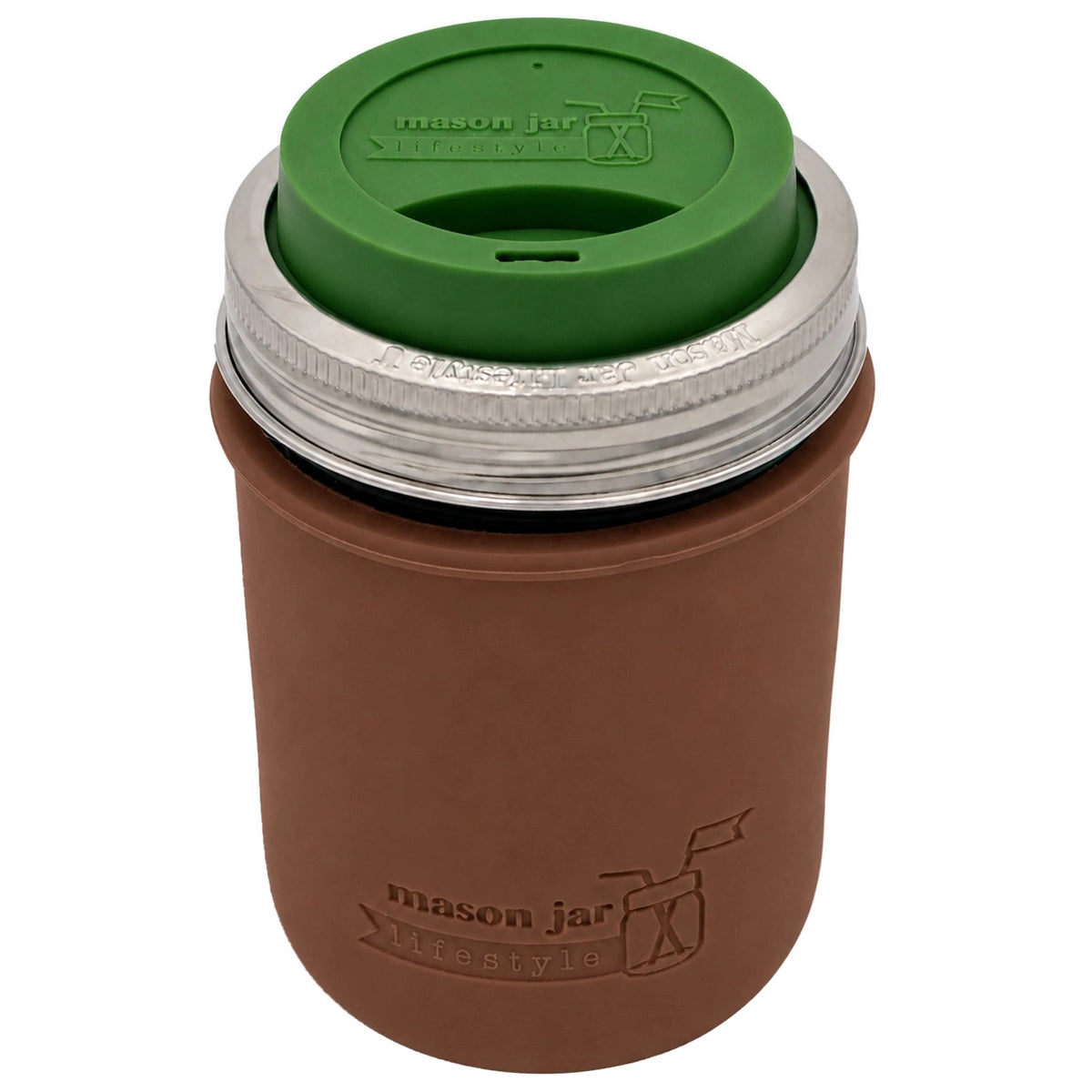 16oz Ball wide mouth mason jar travel mug with Cocoa Brown silicone sleeve and Leaf Green drinking lid