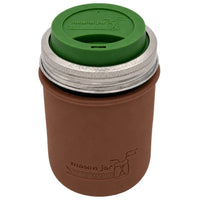 16oz Ball wide mouth mason jar travel mug with Cocoa Brown silicone sleeve and Leaf Green drinking lid