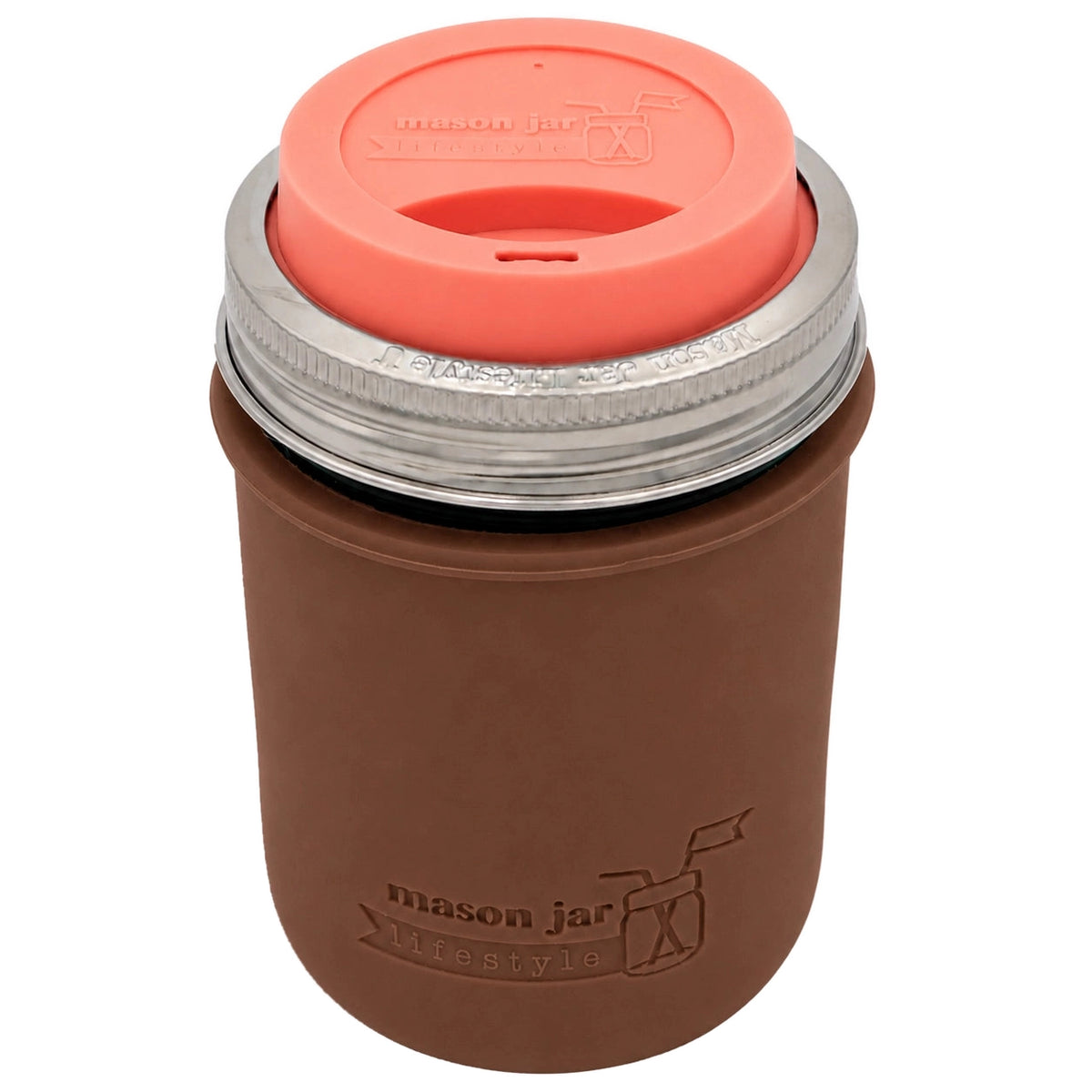 16oz Ball wide mouth mason jar travel mug with Cocoa Brown silicone sleeve and Light Coral drinking lid