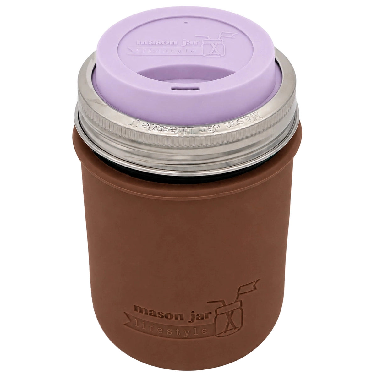 16oz Ball wide mouth mason jar travel mug with Cocoa Brown silicone sleeve and Light Orchid drinking lid