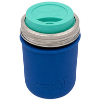 16oz Ball wide mouth mason jar travel mug with Deep Blue silicone sleeve and Aquamarine drinking lid