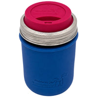 16oz Ball wide mouth mason jar travel mug with Deep Blue silicone sleeve and Berry Pink drinking lid